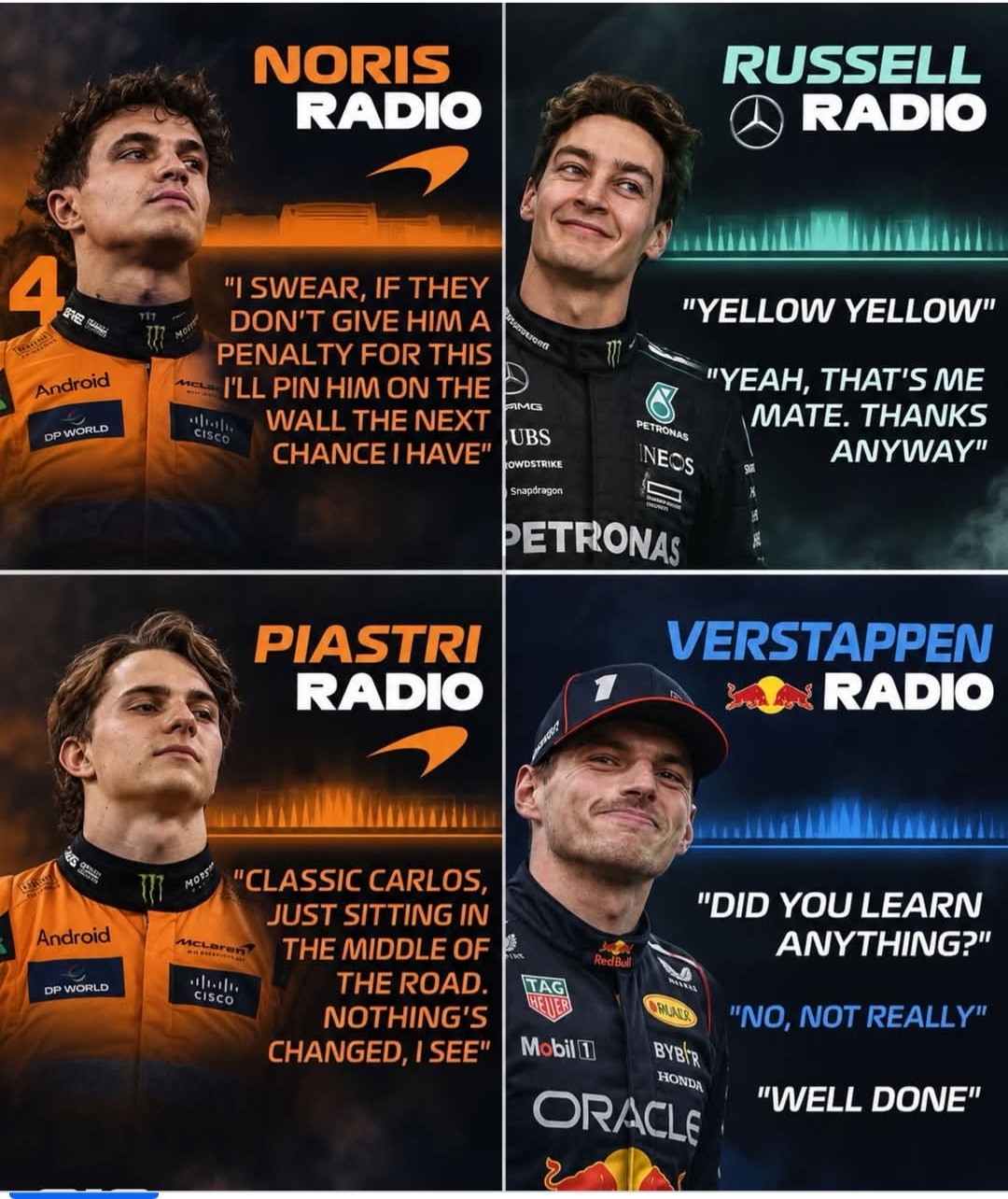 “F1 drivers really say the most unhinged things once the helmet comes off  Which one is your favorite?”